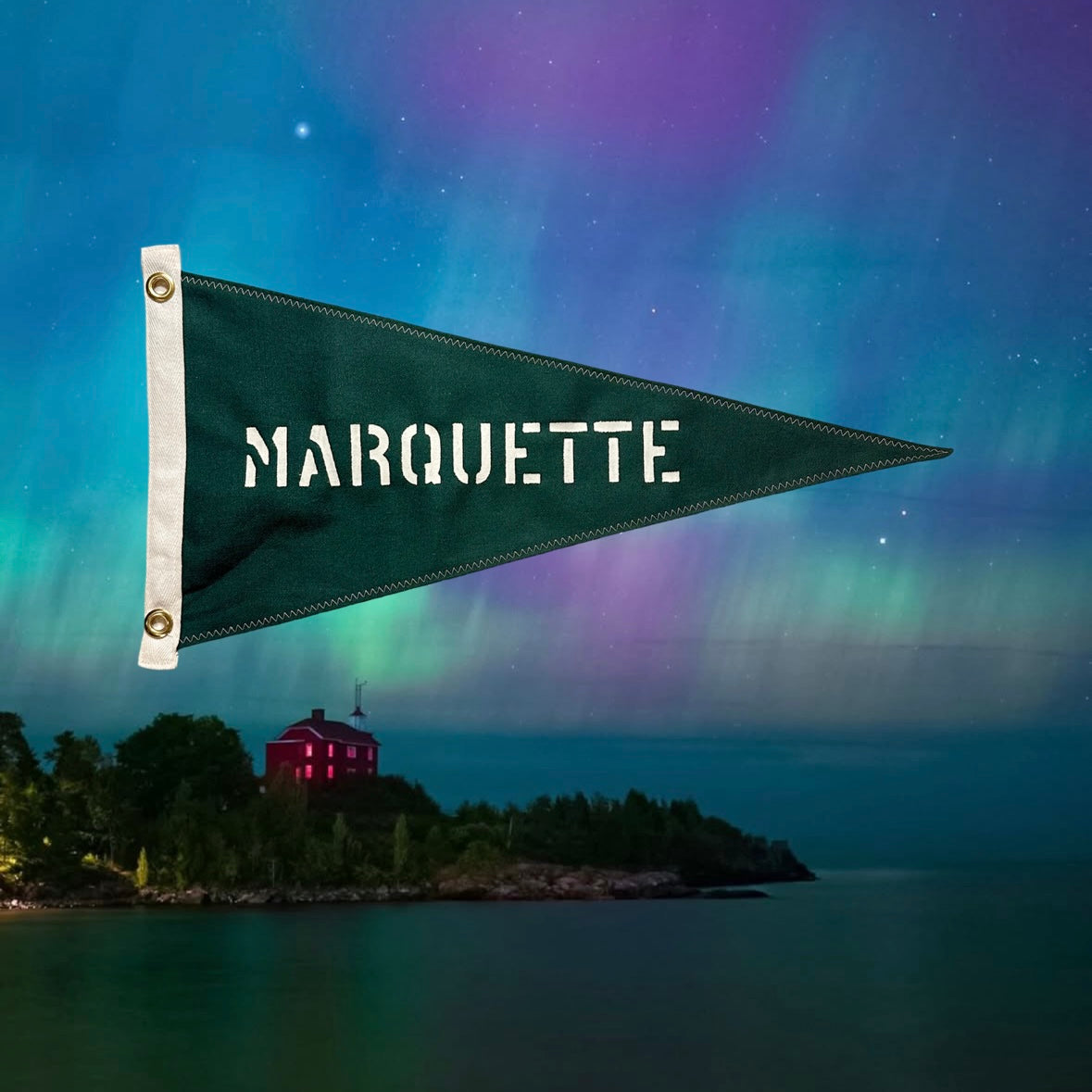 Marquette - First Edition, Hand-Stenciled Pennant - Boreal Green