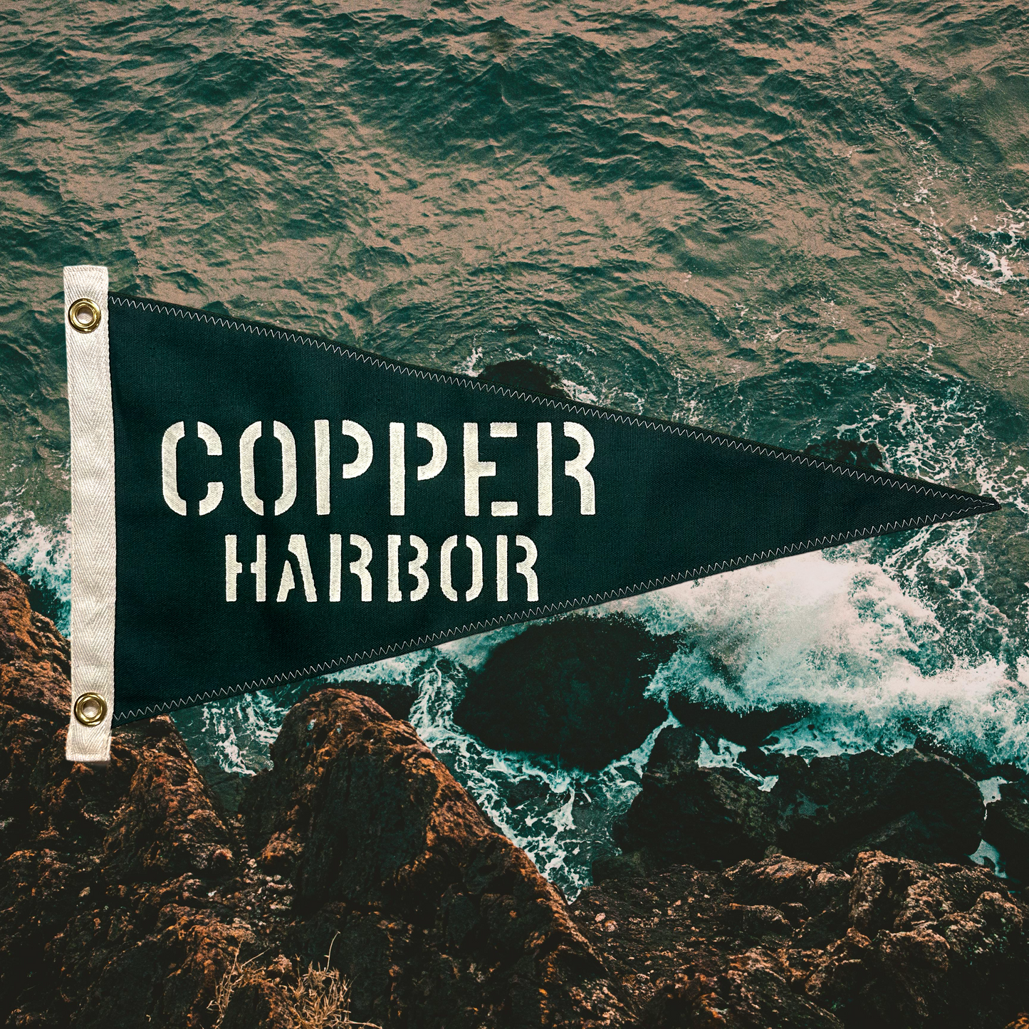 Copper Harbor- First Edition, Hand-Stenciled Pennant - Boreal Green